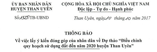 Thông báo lấy ý kiến đóng góp của Nhân dân về dự thảo "Điều chỉnh quy hoạch sử dụng đất đến năm 2020 huyện Than Uyên"